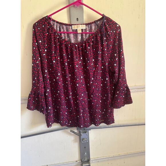Michael Kors Top Medium Blue Red Hearts Bell Sleeve Blouse Women's size: large - Picture 7 of 7